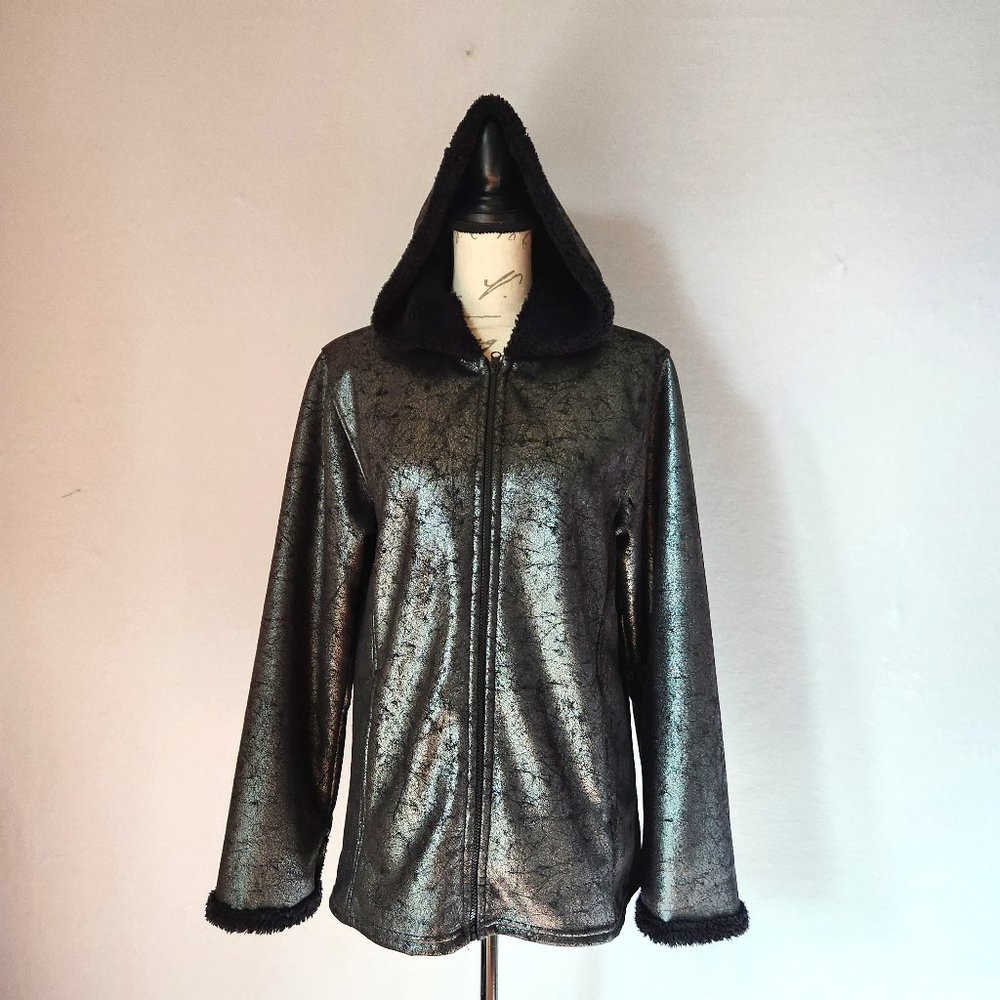 Vintage Bear Ridge Outfitters Fleece Lined Hood Jacket Zip Metallic Silver Black